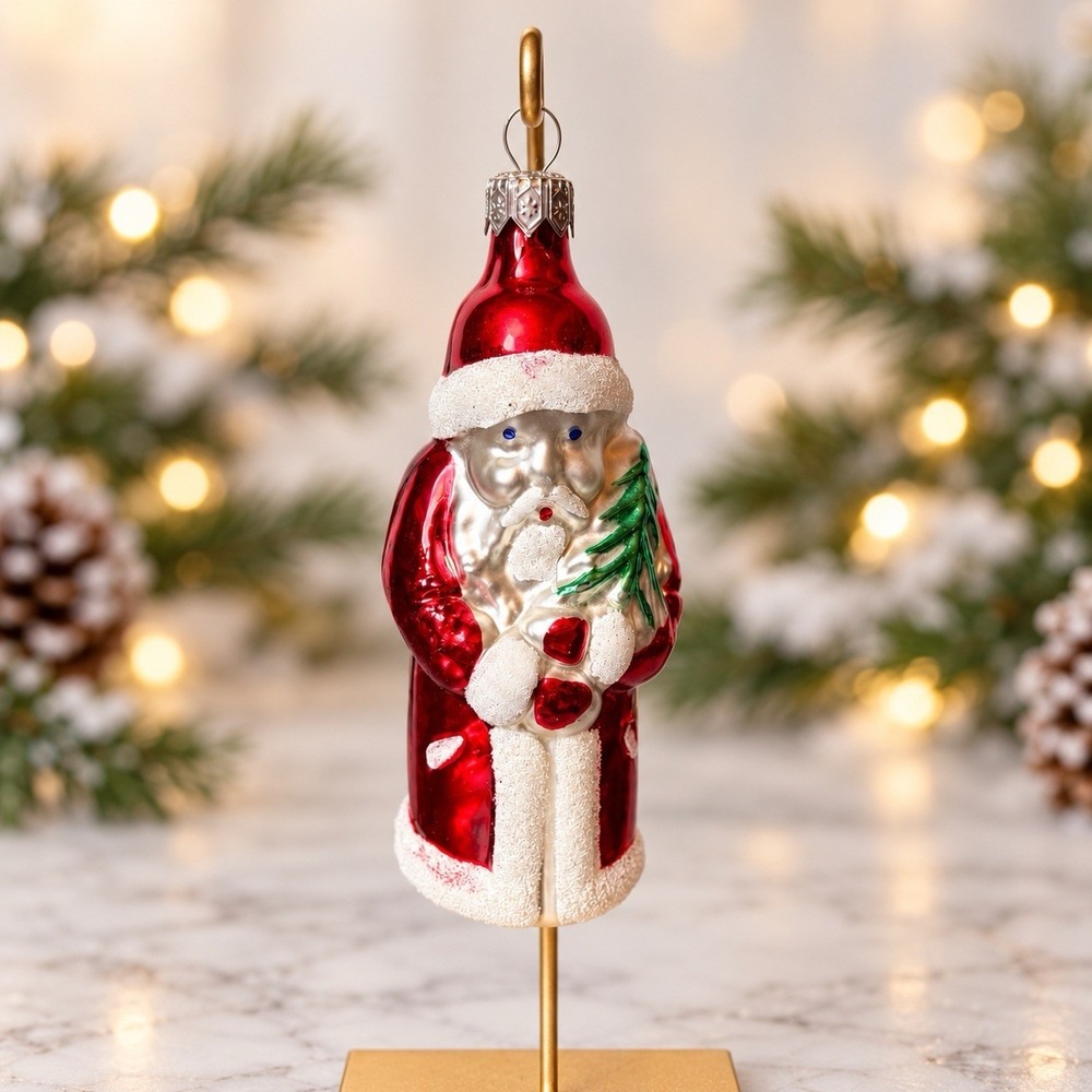 Vintage Old World Glass Santa Holding Tree Ornament Poland Red Christmas 5"